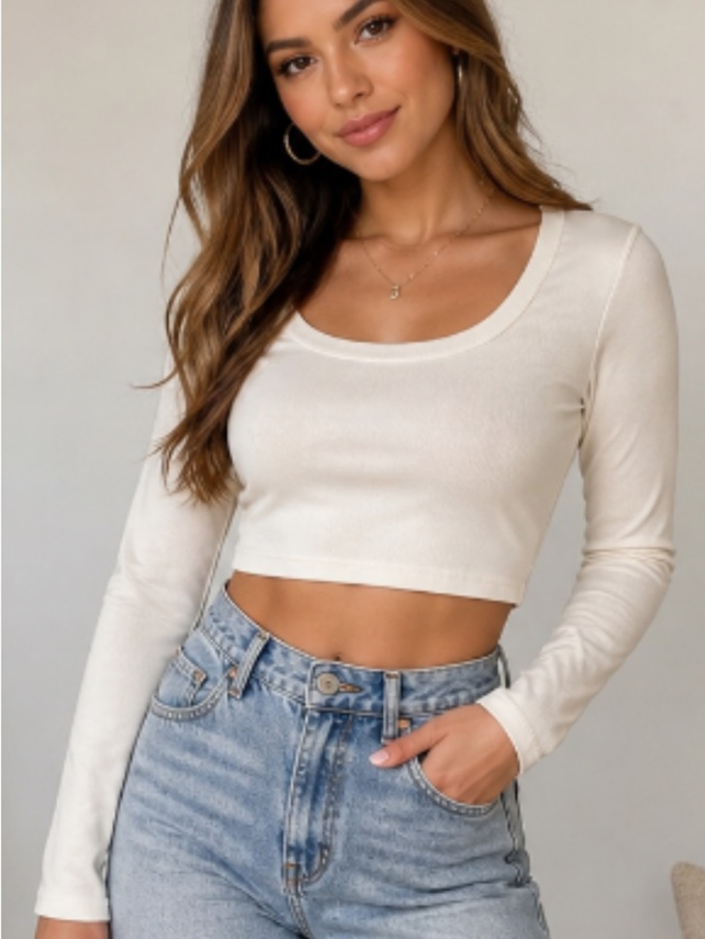 SHEIN Ribbed Crop Top Long Sleeve Beige Scoop Neck Stretch Size M
